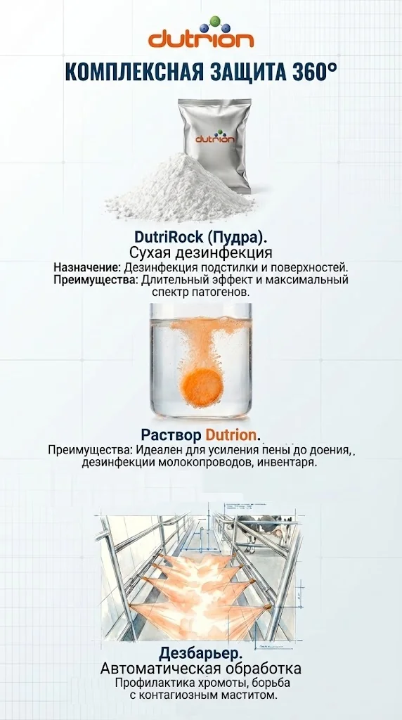 Схема комплексной защиты Dutrion 360°: сухая пудра Dutrirock в подстилку, раствор Dutrion для вымени и молокопровода, автоматический дезбарьер на копыта